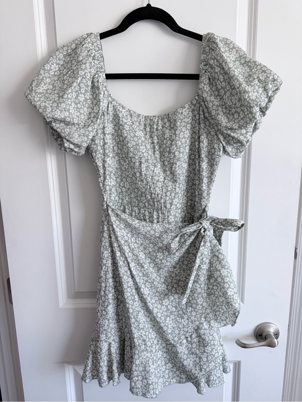 Trixxi Sage Green Floral Puff Sleeve Wrap Mini Dress